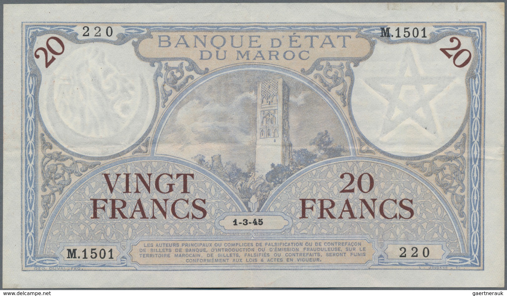 Morocco / Marokko: 20 Francs 1945 P. 18b With Light Folds And Creases In Paper, No Holes Or Tears, P - Morocco