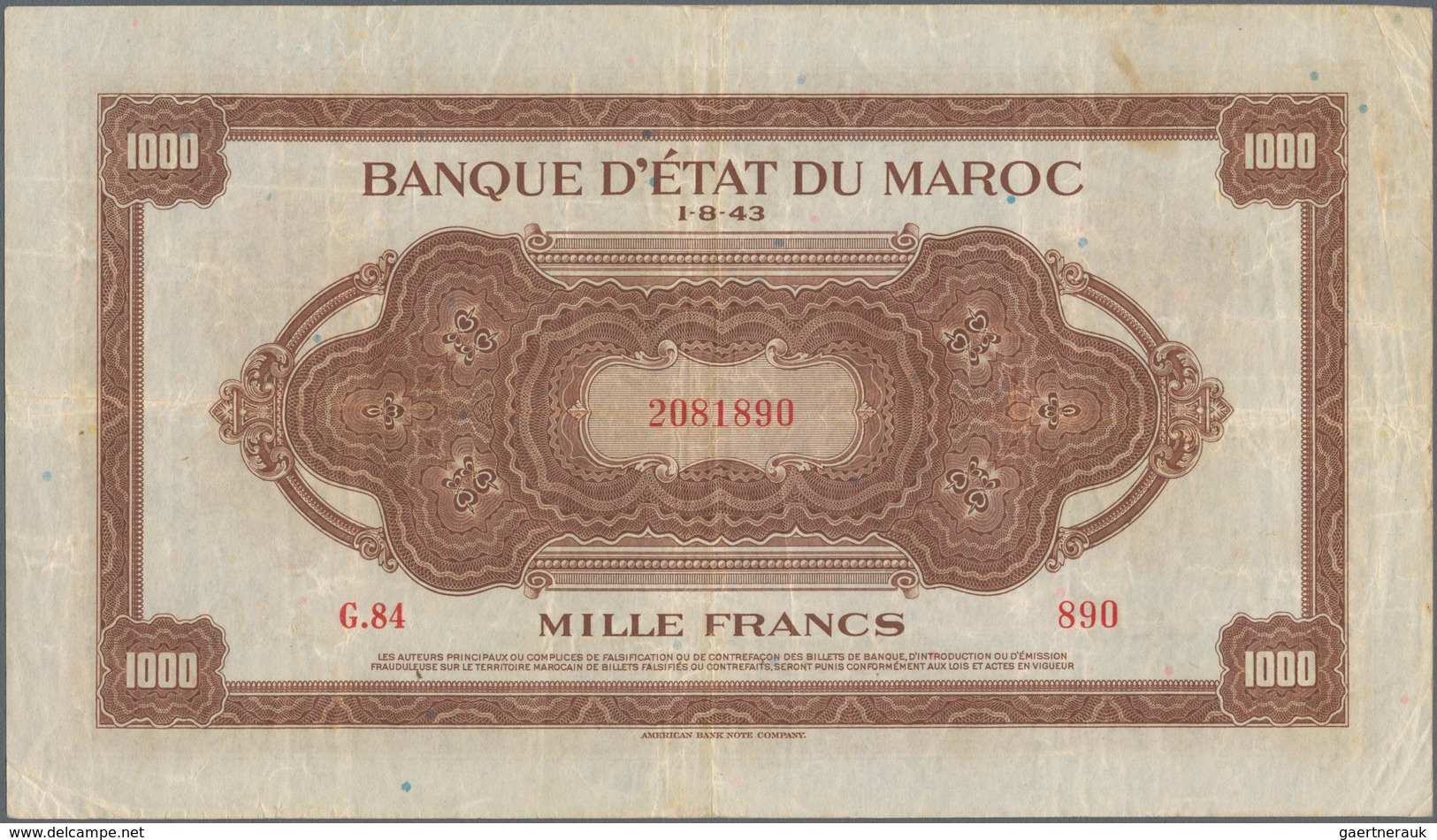 Morocco / Marokko: Banque D'État Du Maroc 1000 Francs 1943, P.28, Great Condition For This Large Siz - Marokko