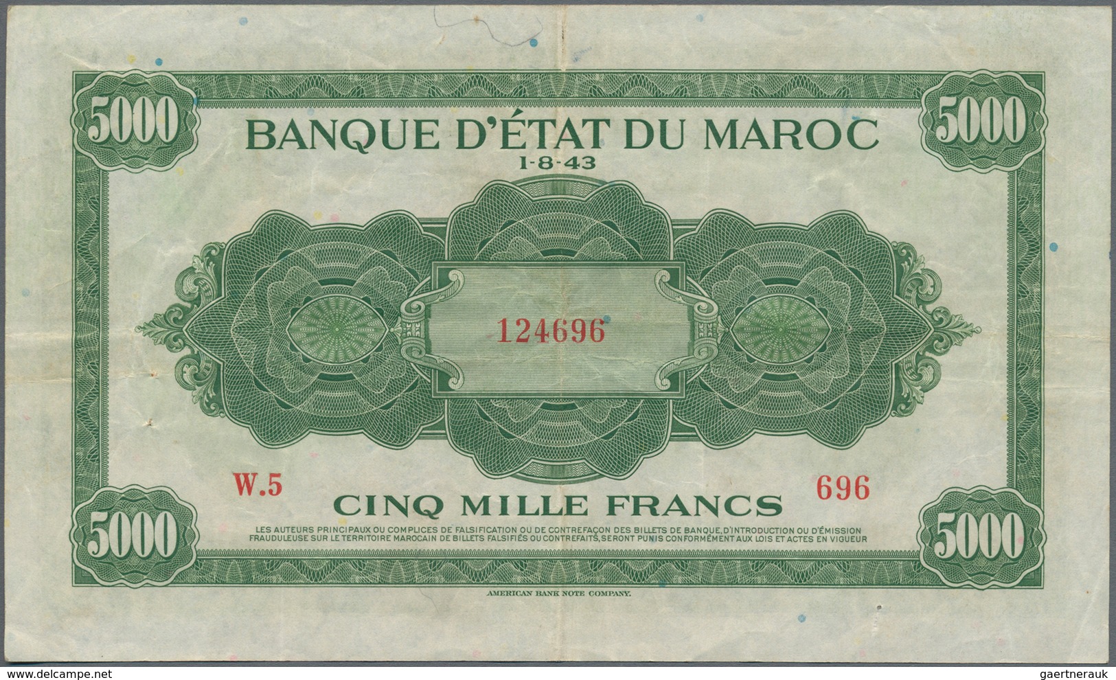 Morocco / Marokko: Banque D'État Du Maroc 5000 Francs 1943, P.32, Still Nice With Strong Paper, Some - Morocco