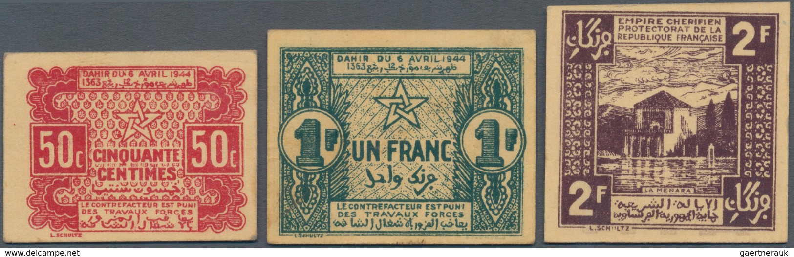 Morocco / Marokko: Empire Cherifien Set With 50 Centimes, 1 And 2 Francs 1944, P.41, 42, 43 In UNC C - Marokko