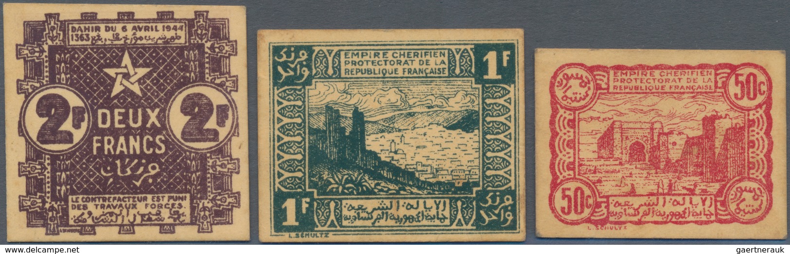 Morocco / Marokko: Empire Cherifien Set With 50 Centimes, 1 And 2 Francs 1944, P.41, 42, 43 In UNC C - Marruecos