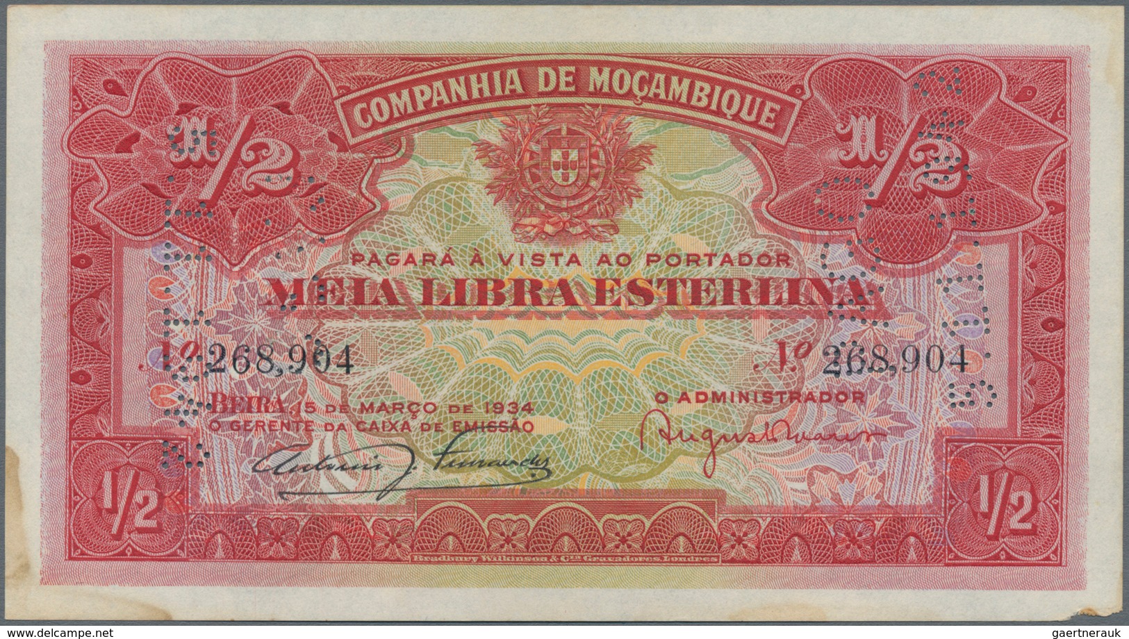 Mozambique: Companhía De Moçambique Pair With 20 Centavos 1933 P.R29 With Perforation "PAGO 5.11.194 - Mozambique