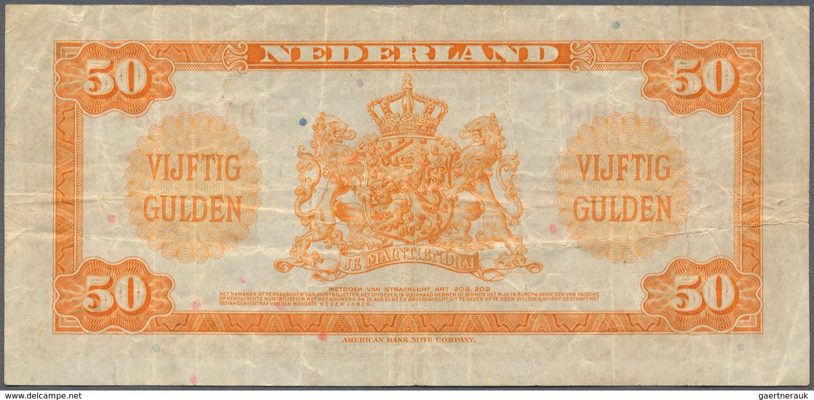 Netherlands / Niederlande: 50 Gulden 1943 P. 68a, Several Folds And Creases In Paper But No Holes Or - Other & Unclassified