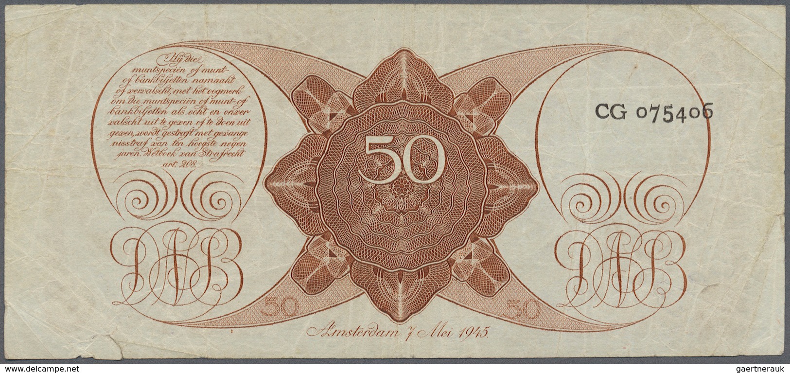 Netherlands / Niederlande: 50 Gulden 1945 P. 78, Several Folds And Creases In Paper, A 6mm Tear At L - Other & Unclassified