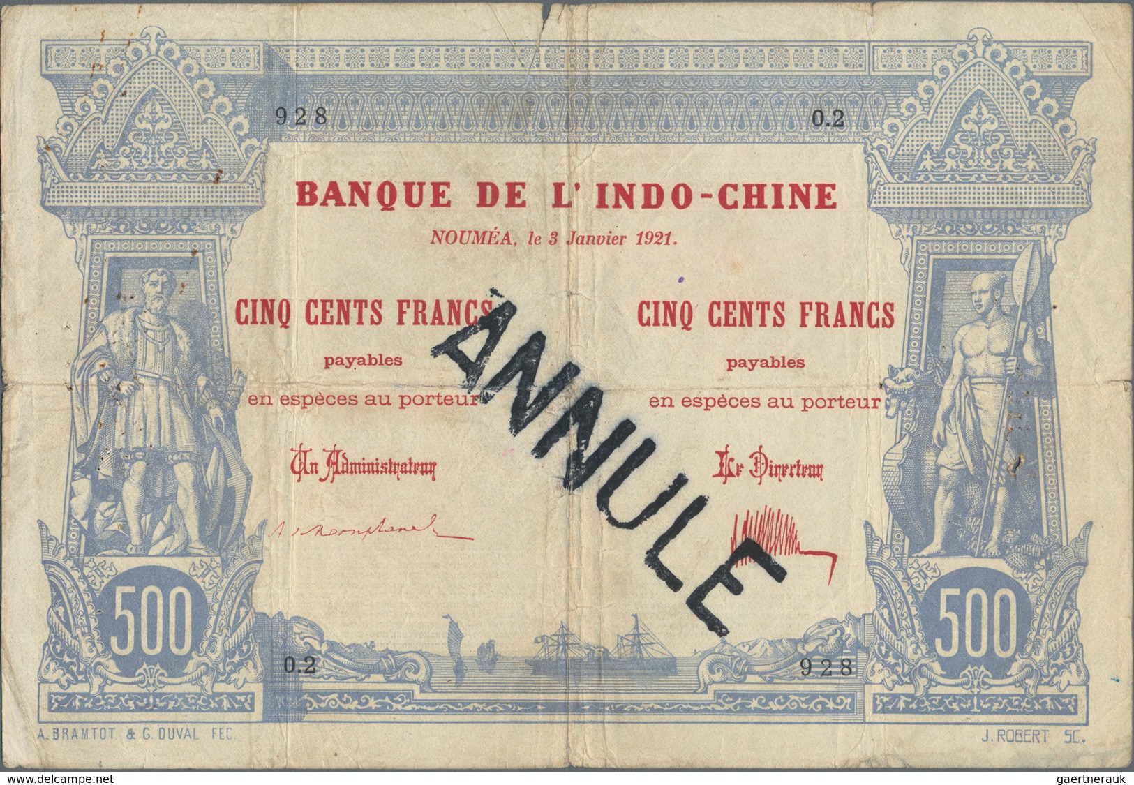 New Caledonia / Neu Kaledonien: Banque De L'Indo-Chine - Noumea, 500 Francs 1921, P.22 With Black St - Nouméa (New Caledonia 1873-1985)