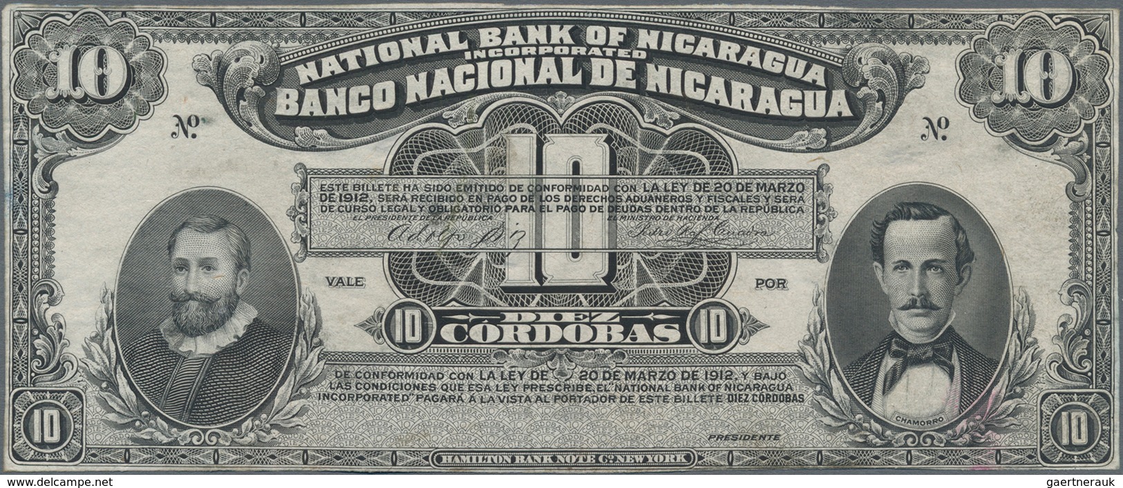 Nicaragua: Banco Nacional De Nicaragua 10 Cordobas 1912 Intaglio Printed Front Proof In Black And Wh - Nicaragua