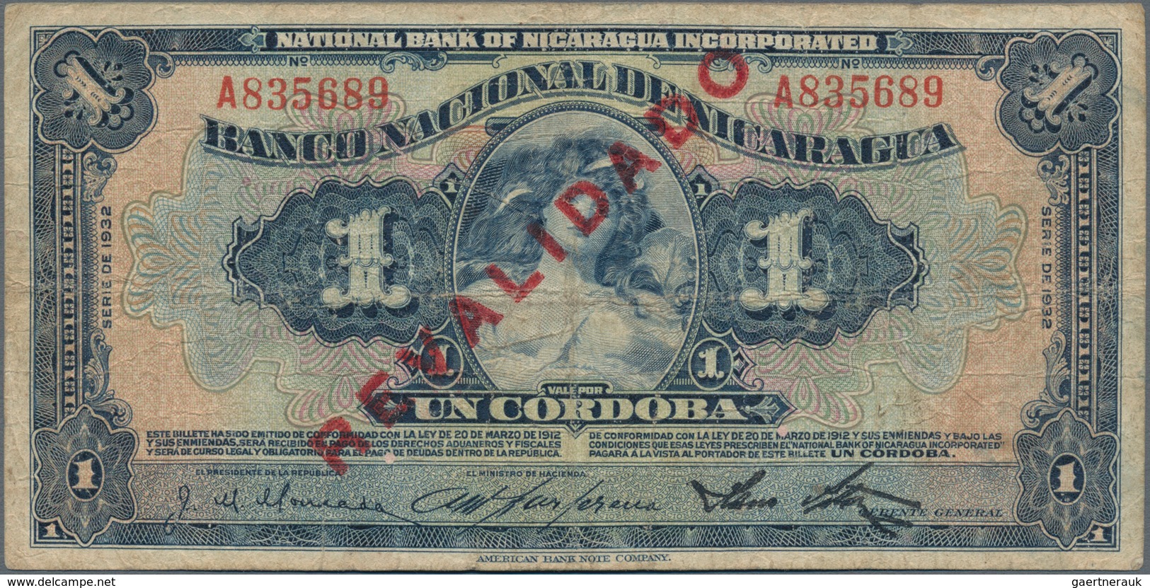 Nicaragua: 1 Cordoba 1932 (1934) With Overprint "REVALIDADO", P.71 In About VG/F Condition. - Nicaragua