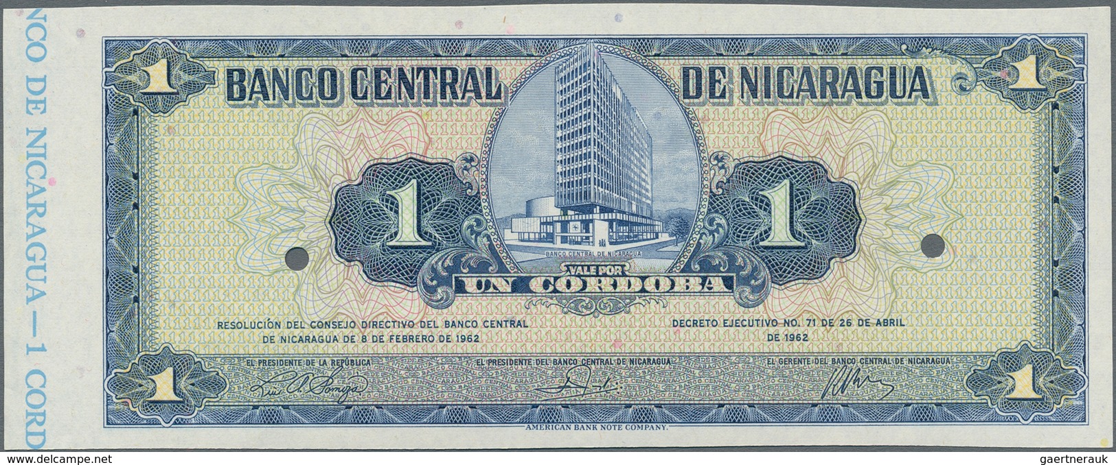 Nicaragua: 1 Cordoba 1962 Front Proof Specimen P.107s With Small Border Piece With Text "BANCO DE NI - Nicaragua