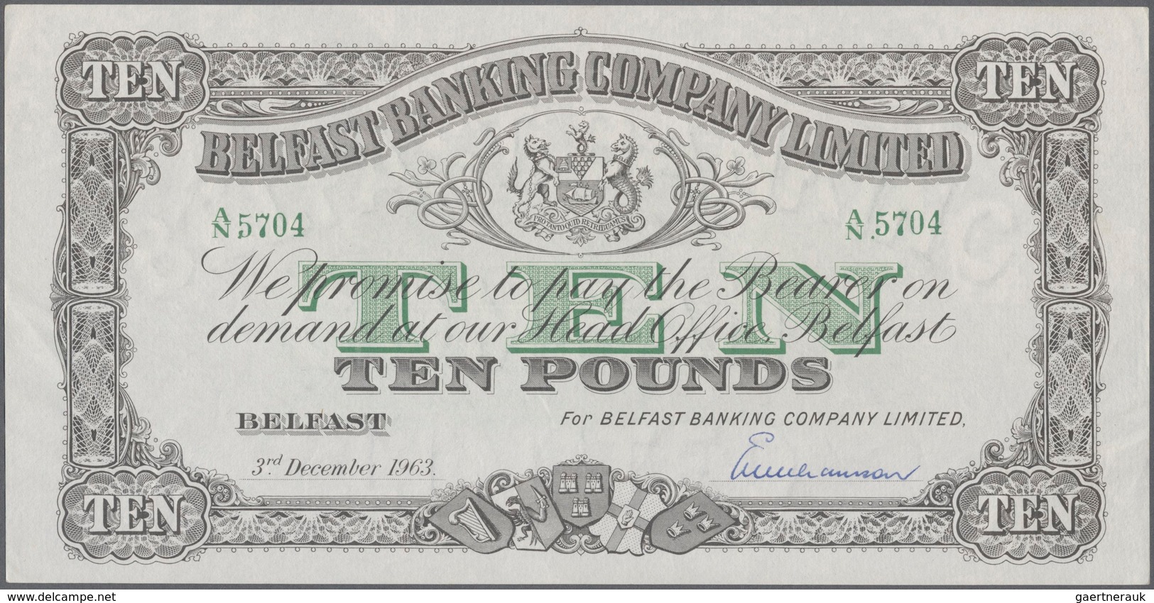 Northern Ireland / Nordirland: 10 Pounds 1963 P. 128c, Belfast Banking Company, Light Creases At Lef - Other & Unclassified