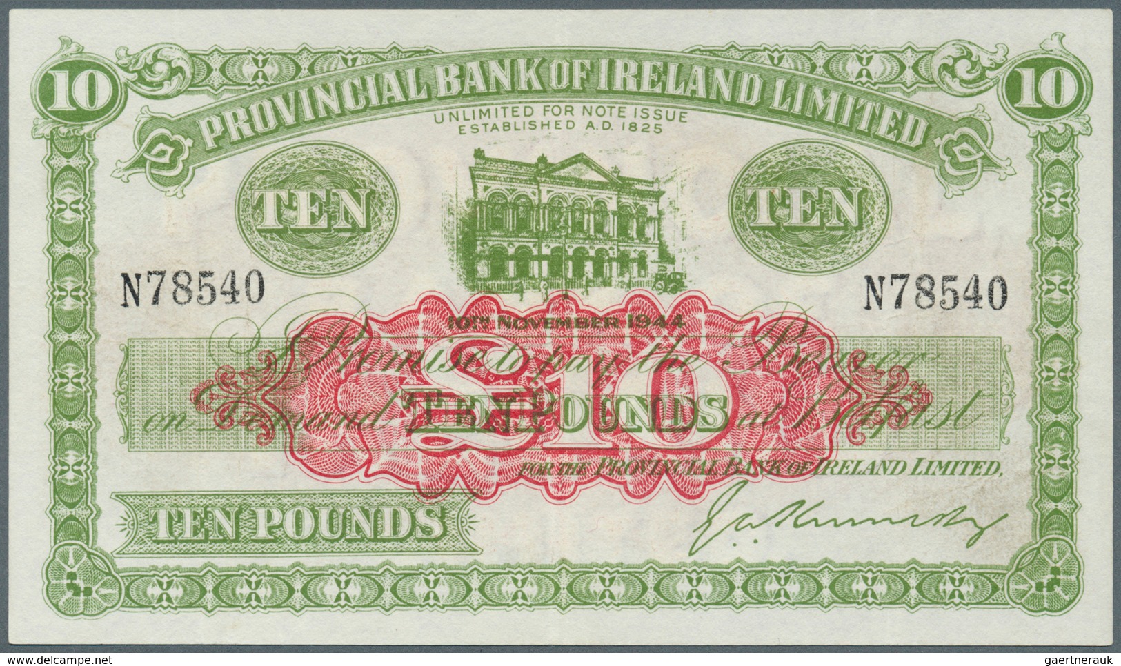 Northern Ireland / Nordirland: 10 Pounds 1944 P. 237a, Provincial Bank Of Ireland Limited, Light Cen - Sonstige & Ohne Zuordnung