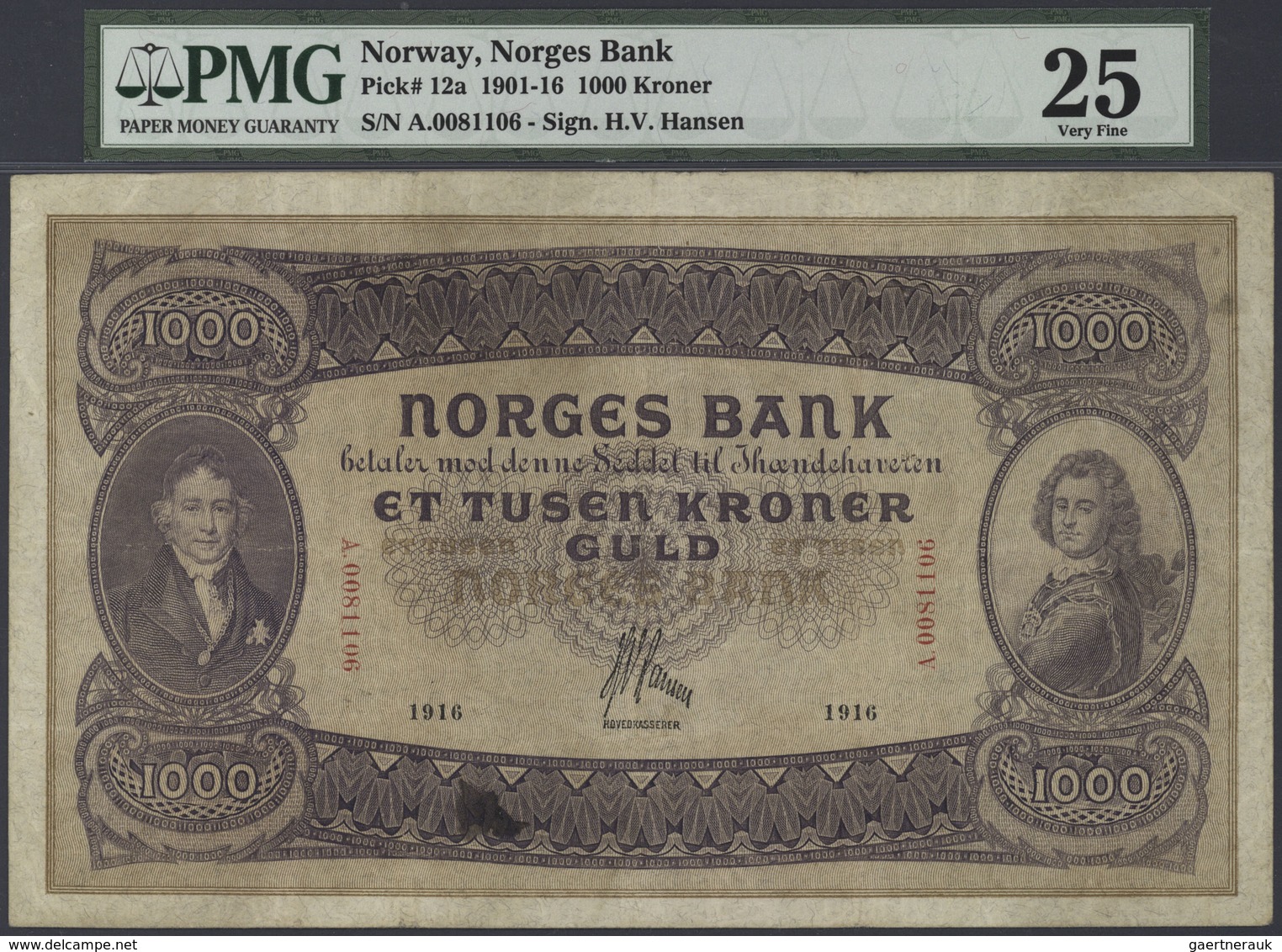 Norway / Norwegen: 1000 Kroner 1916, P.12a, Some Ink Spots, Lightly Toned Paper And A Few Folds, PMG - Norwegen