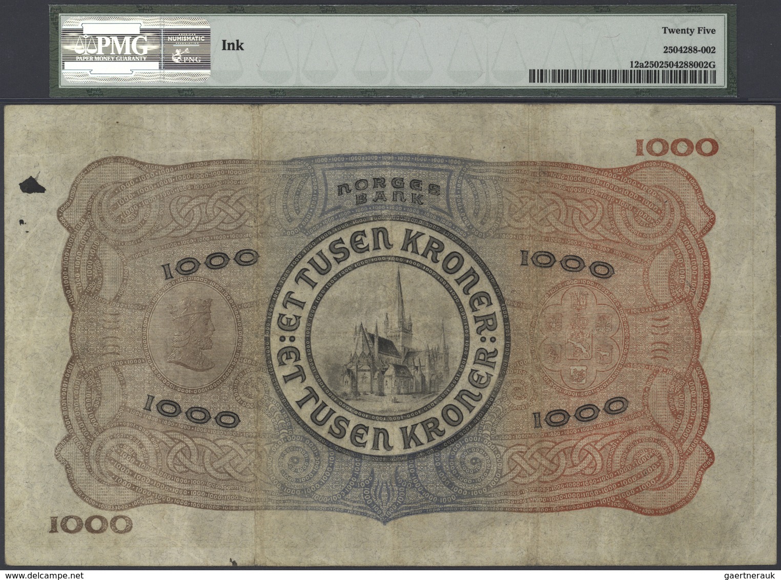 Norway / Norwegen: 1000 Kroner 1916, P.12a, Some Ink Spots, Lightly Toned Paper And A Few Folds, PMG - Norwegen