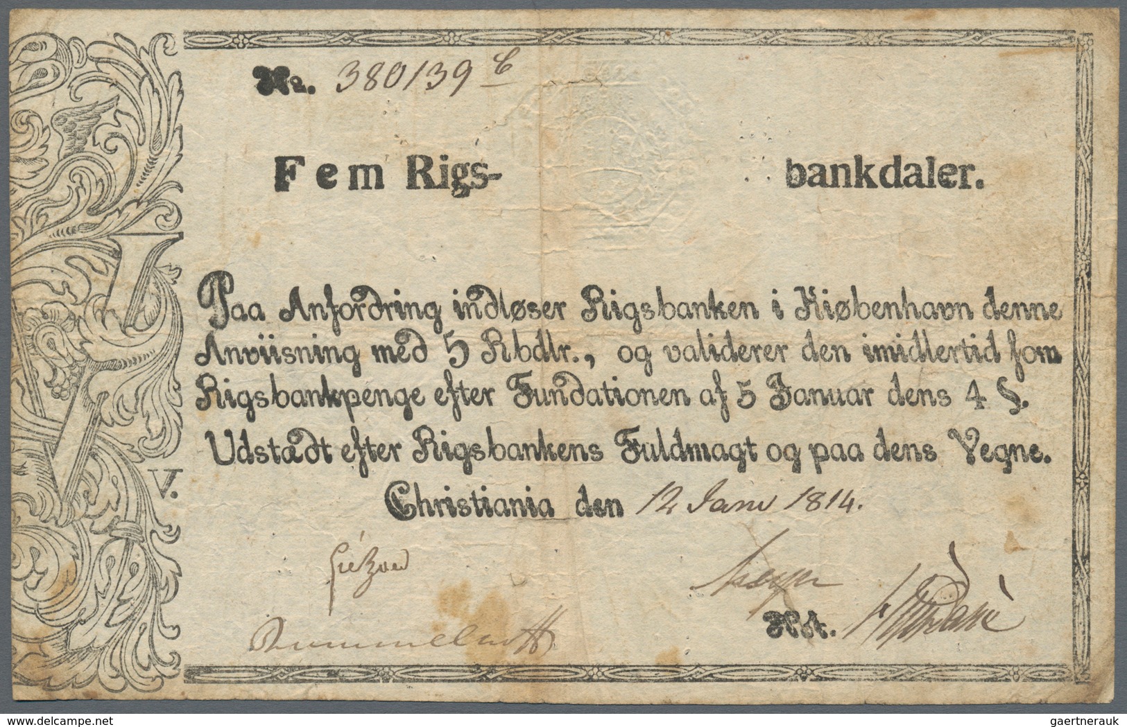 Norway / Norwegen: Rigsbanken I Kiøbenhavn - Christiania (Oslo) 5 Rigsbankdaler 1814, P.A13, Fantast - Norvegia