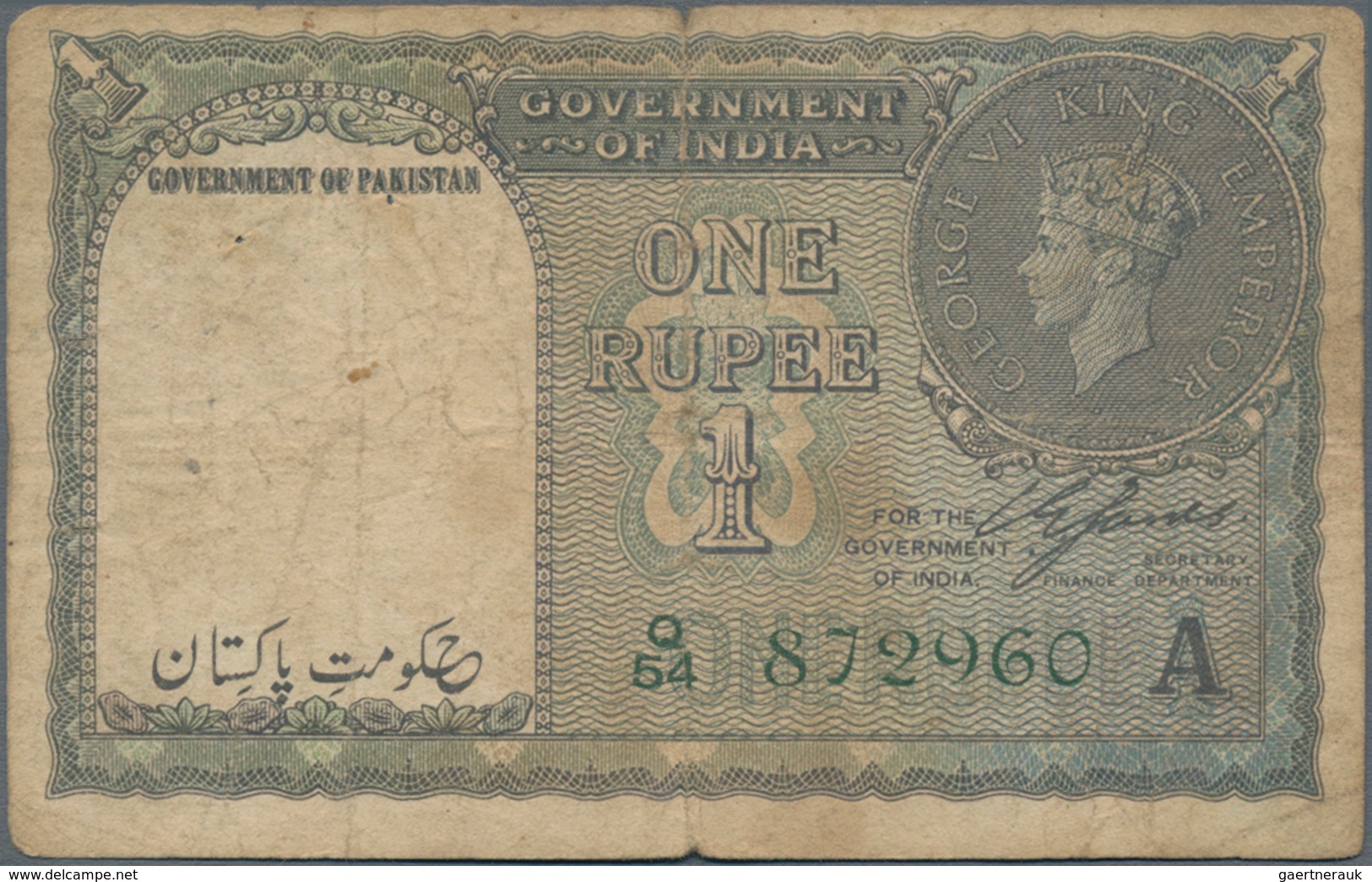 Pakistan: Government Of Pakistan 1 Rupee 1940 (1948) With Overprint "Government Of Pakistan" On INDI - Pakistan