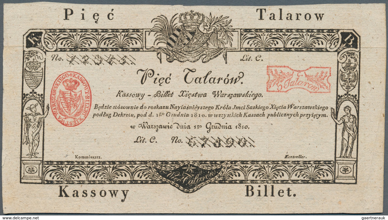 Poland / Polen: 5 Talarow 1810 Specimen, Or Formular, With Serial Number 1234567890 And W/o Signatur - Polen