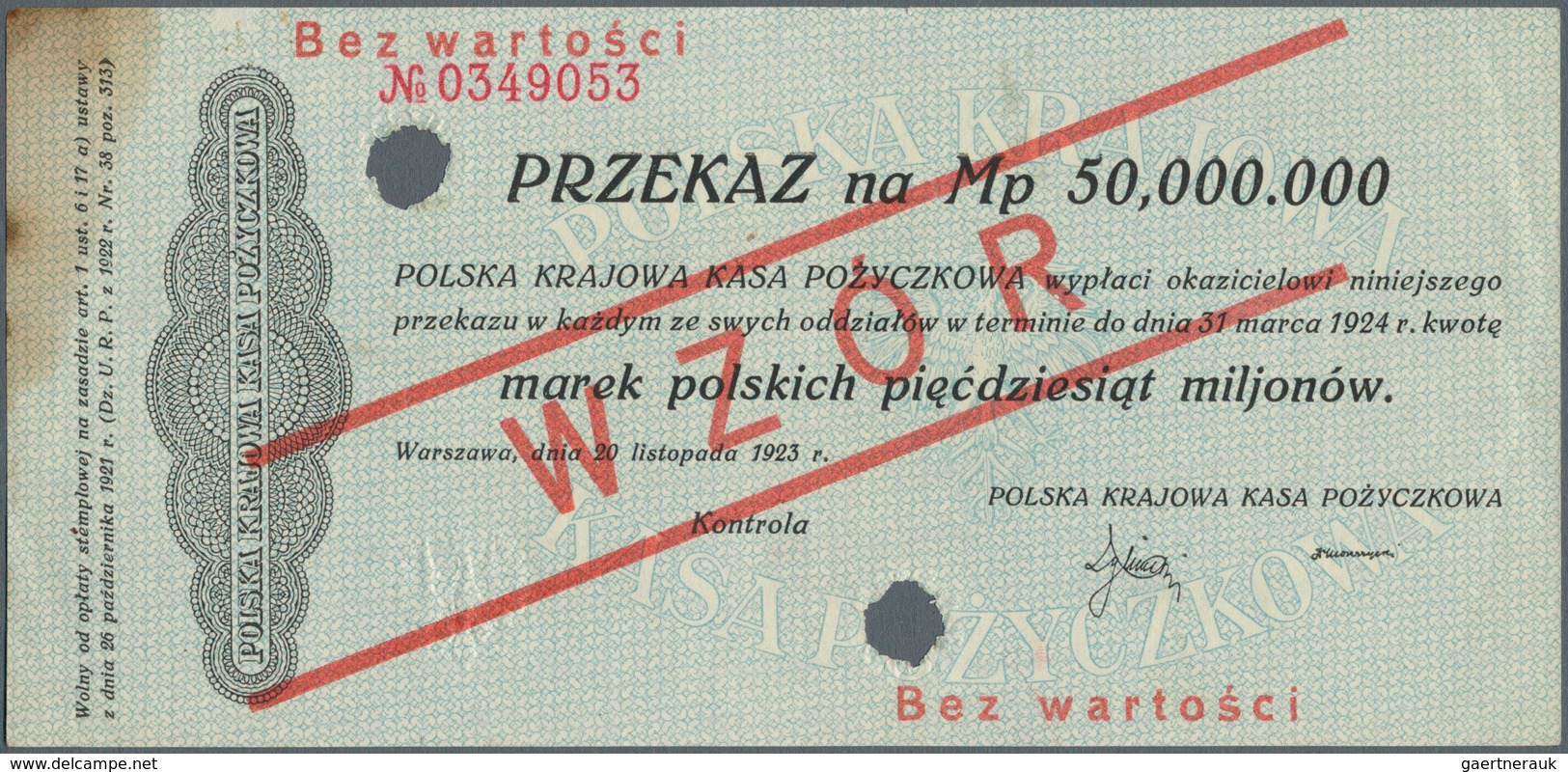 Poland / Polen: 50.000.000 Marek Polskich 1923 Specimen With Red Ovpt. WZOR And Specimen Number 0349 - Polen