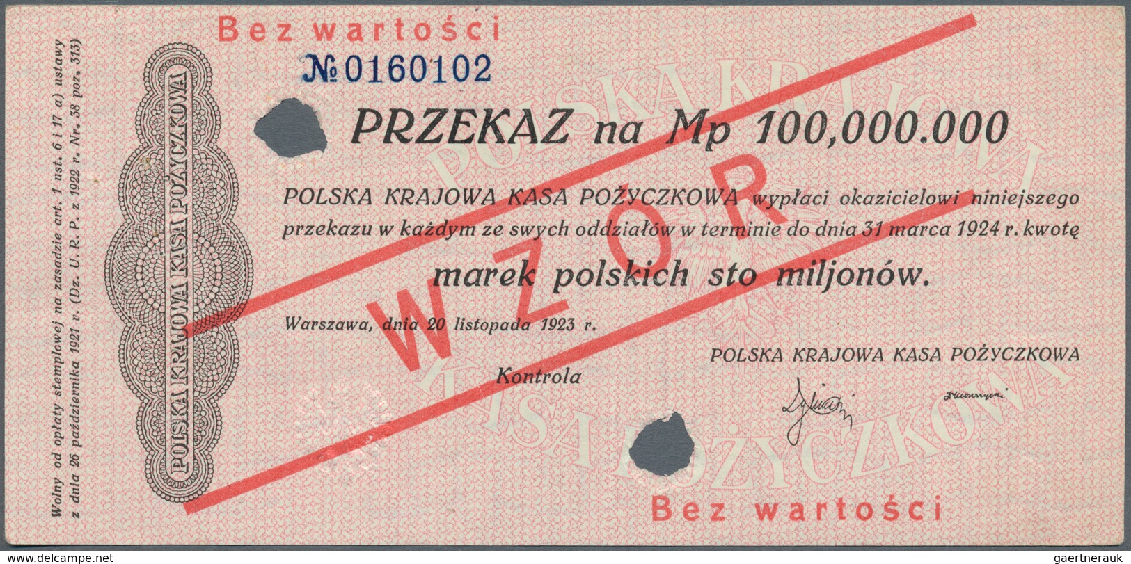 Poland / Polen: 100.000.000 Marek Polskich 1923 Specimen With Red Ovpt. WZOR And Number 0160102, P.4 - Polen