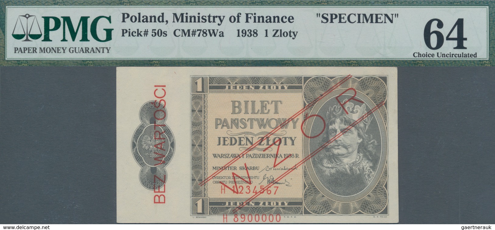 Poland / Polen: Ministry Of Finance 1 Zloty 1938 SPECIMEN, P.50s, PMG Graded 64 Choice Uncirculated - Polen