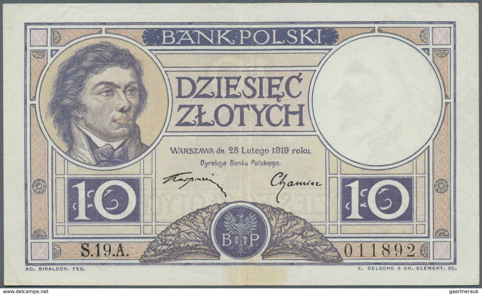 Poland / Polen: 10 Zlotych 1919, P.54a, Vertical Fold At Center, Brownish Stain At Lower Margin And - Polen