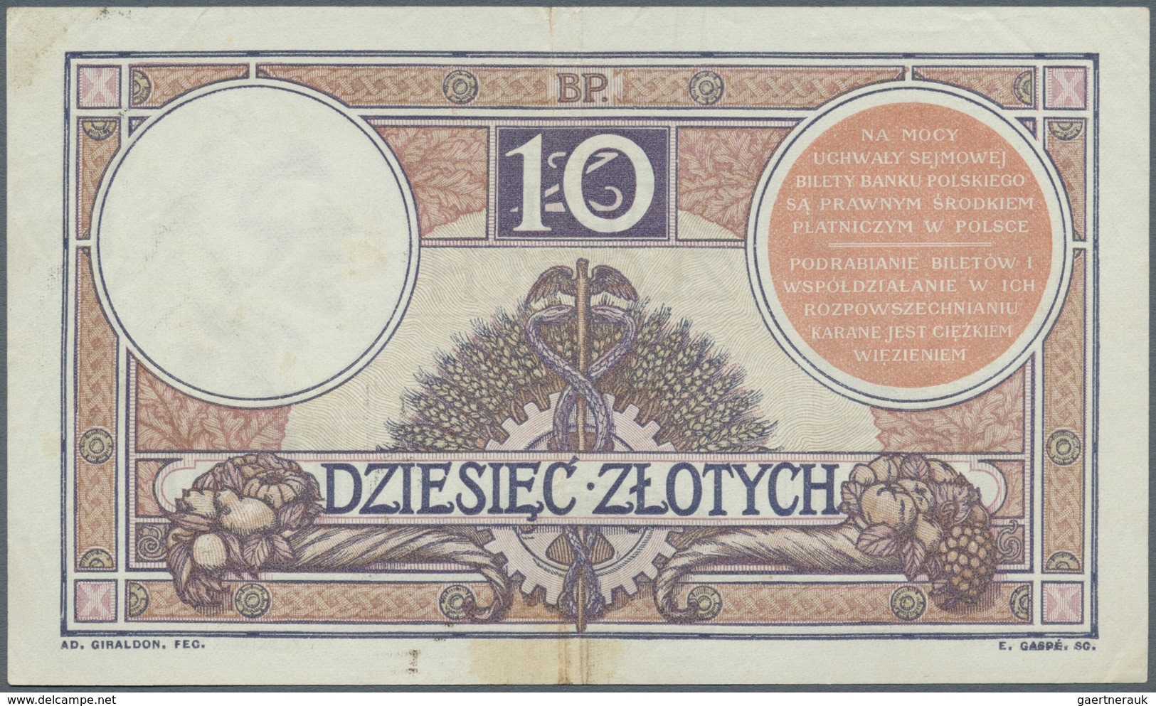 Poland / Polen: 10 Zlotych 1919, P.54a, Vertical Fold At Center, Brownish Stain At Lower Margin And - Polonia