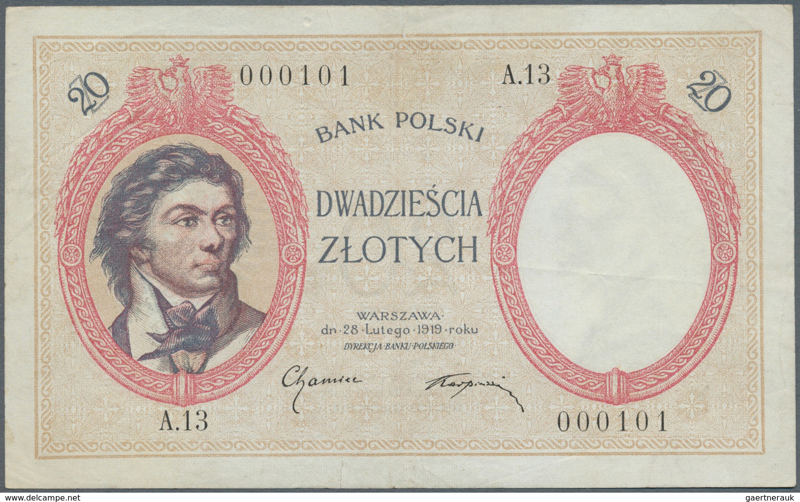 Poland / Polen: 20 Zlotych 1919, P.55, Small Creases In The Paper, Vertical Fold At Center, Small Te - Polen