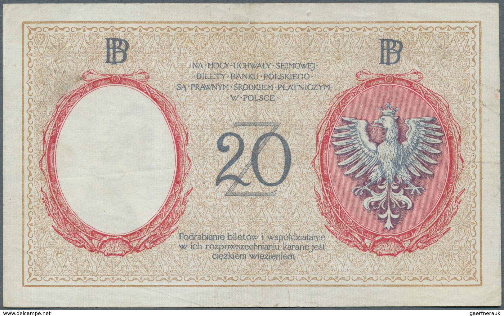 Poland / Polen: 20 Zlotych 1919, P.55, Small Creases In The Paper, Vertical Fold At Center, Small Te - Polen