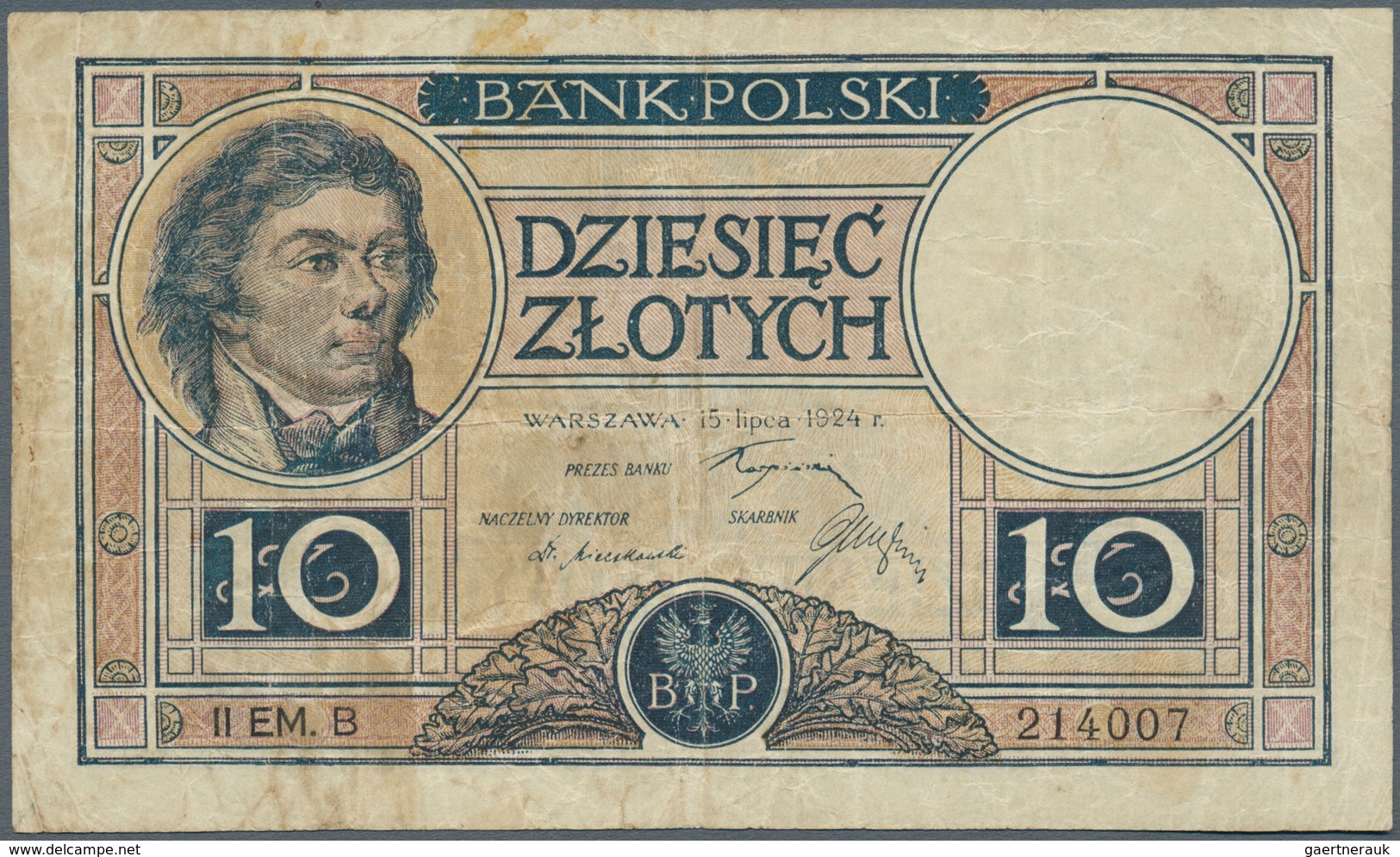 Poland / Polen: 10 Zlotych 1924, II. Emission, P.62, Well Worn With A Number Of Brownish Stains And - Polen