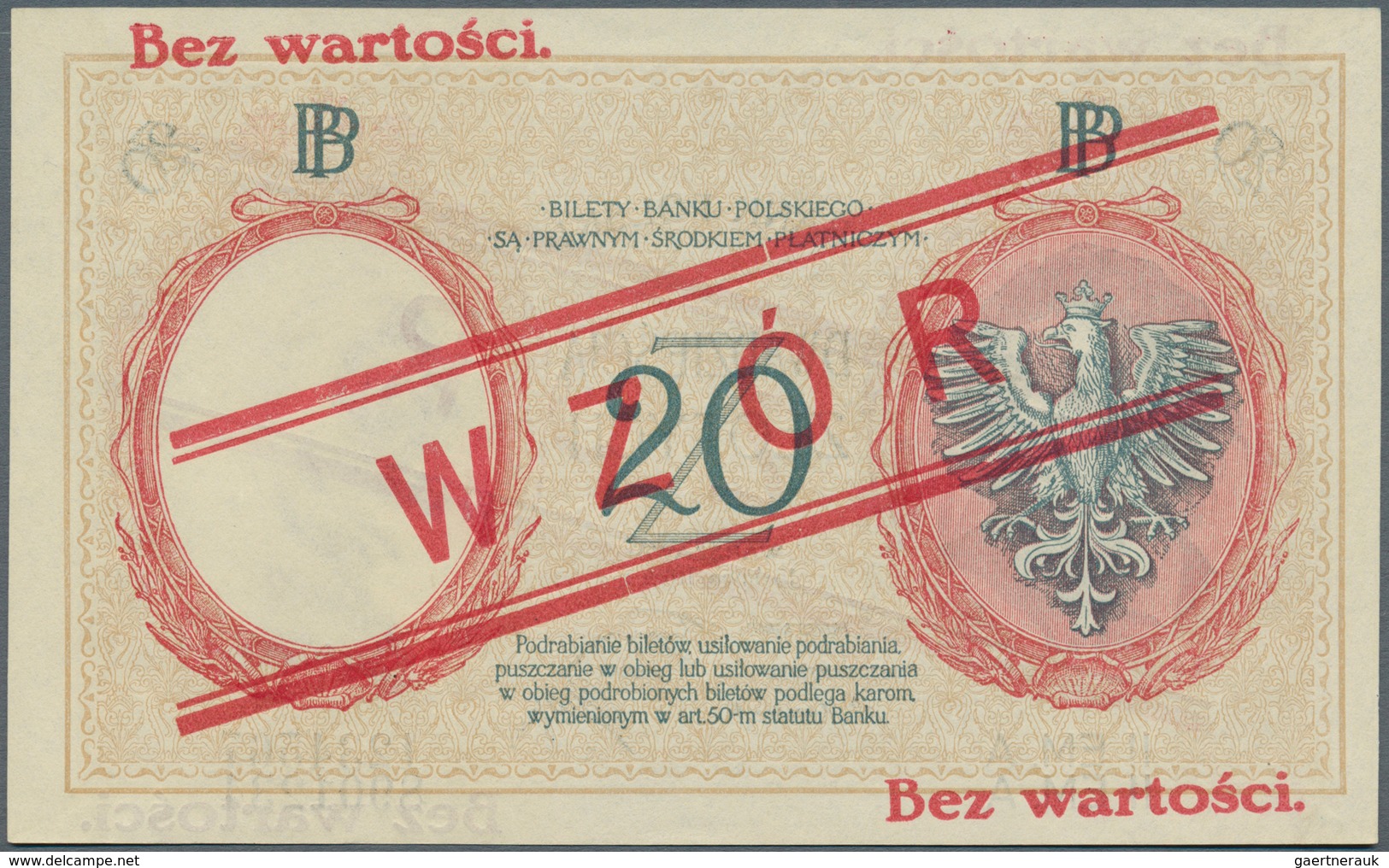 Poland / Polen: 20 Zlotych 1924, II. Emission Specimen With Red Ovpt. WZOR, P.63s In Perfect UNC Con - Polen
