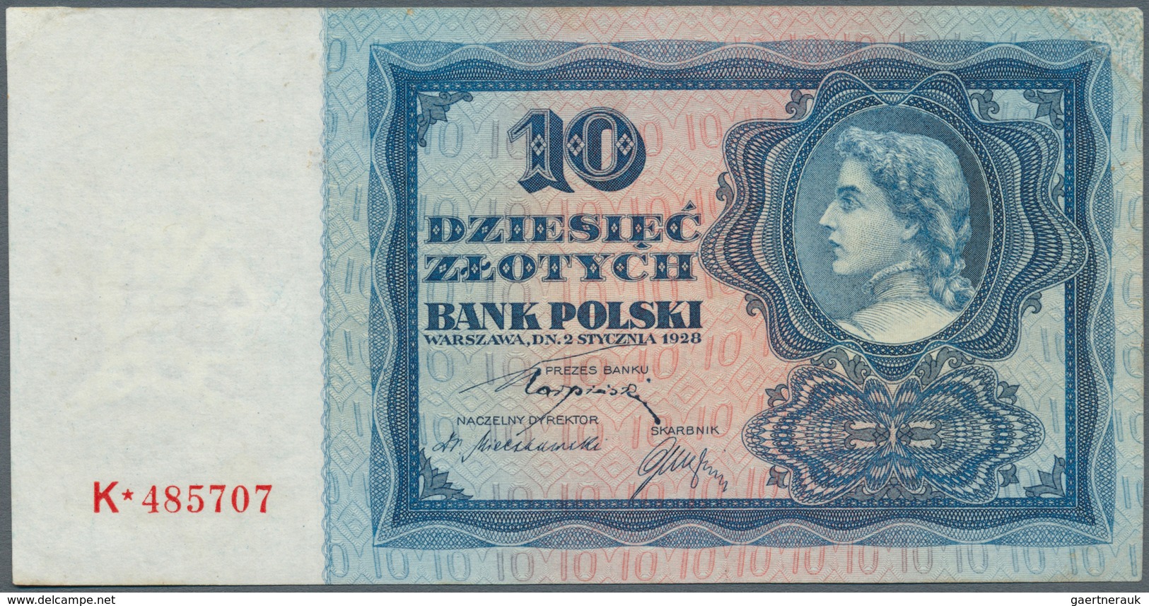 Poland / Polen: 10 Zlotych 1928, P.67, Soft Vertical Fold At Center, Edge Bend At Upper Left And Rig - Polonia