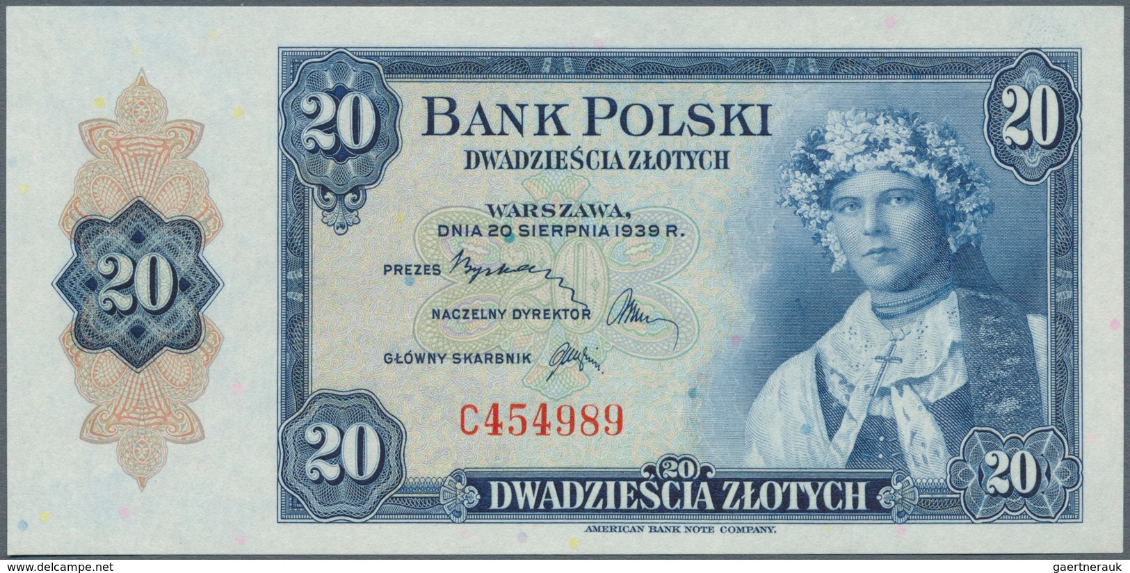 Poland / Polen: 20 Zlotych 1939 Remainder, P.87r In Perfect UNC Condition. Very Rare. - Poland