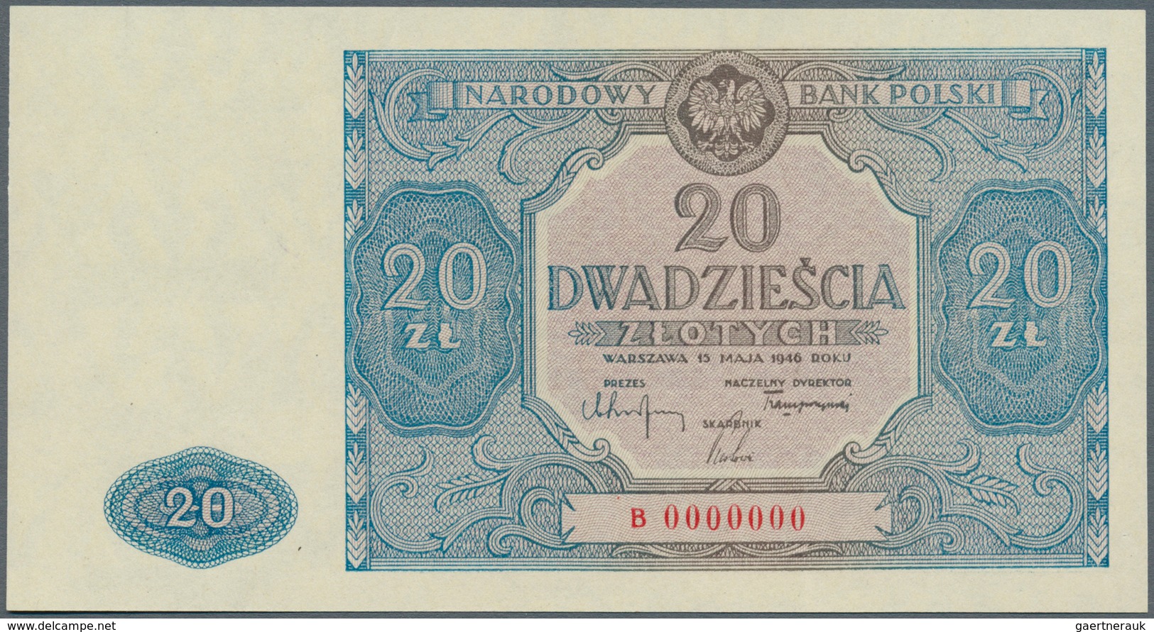 Poland / Polen: 20 Zlotych 1946 Color Trial Specimen With Serial # B0000000 In Blue Color Instead Of - Polen