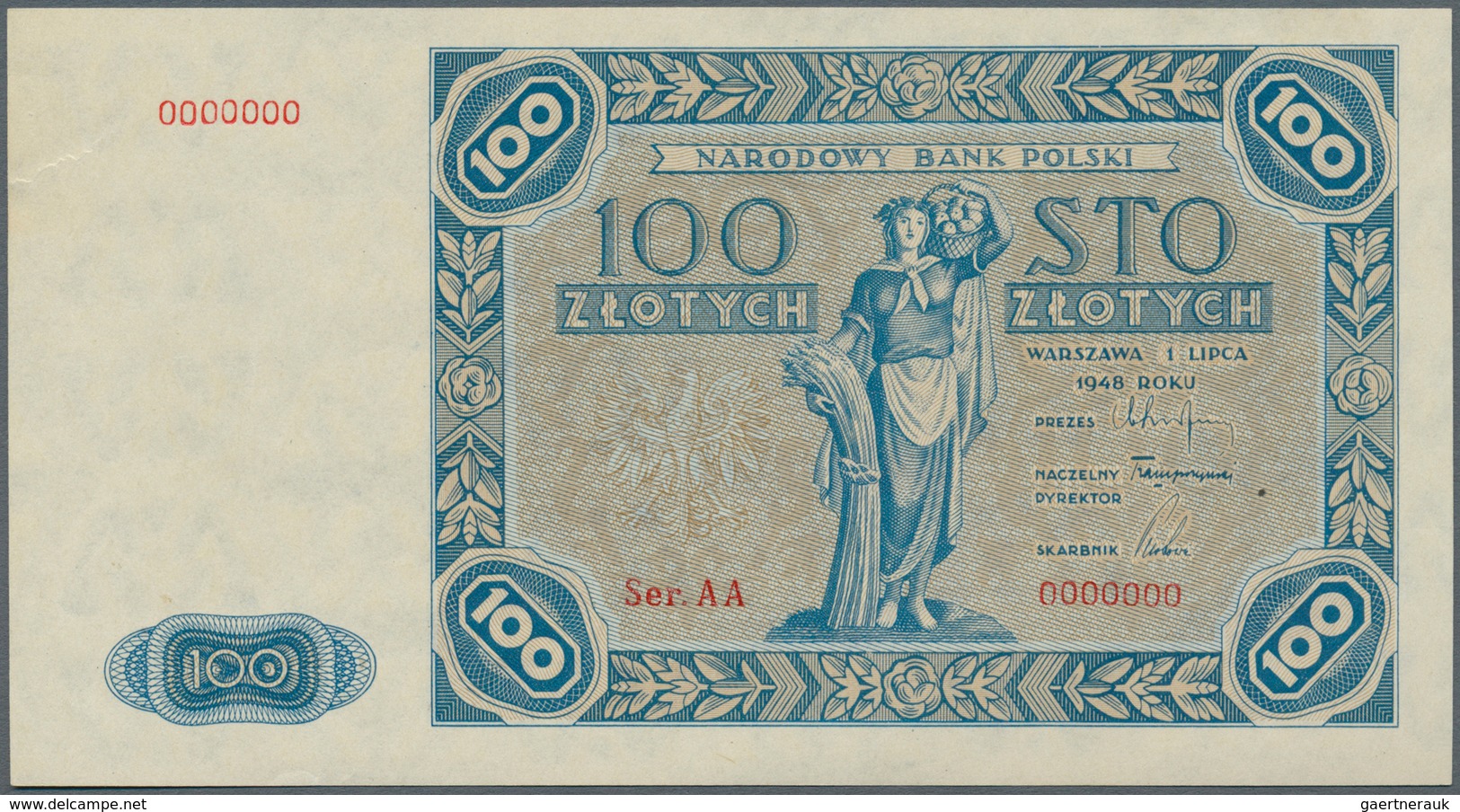 Poland / Polen: 100 Zlotych 1948 Color Trial Specimen With Serial # AA0000000 In Blue Instead Of Red - Polen