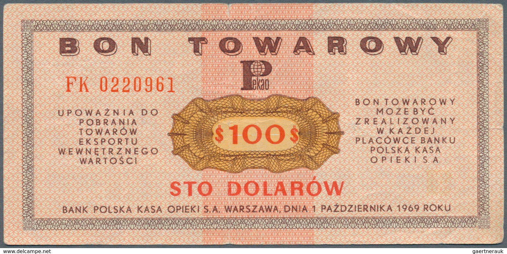 Poland / Polen: Bon Towarowy 100 Dolarow 1969, P.FX33, Several Folds And Tiny Tear At Upper Margin. - Polen