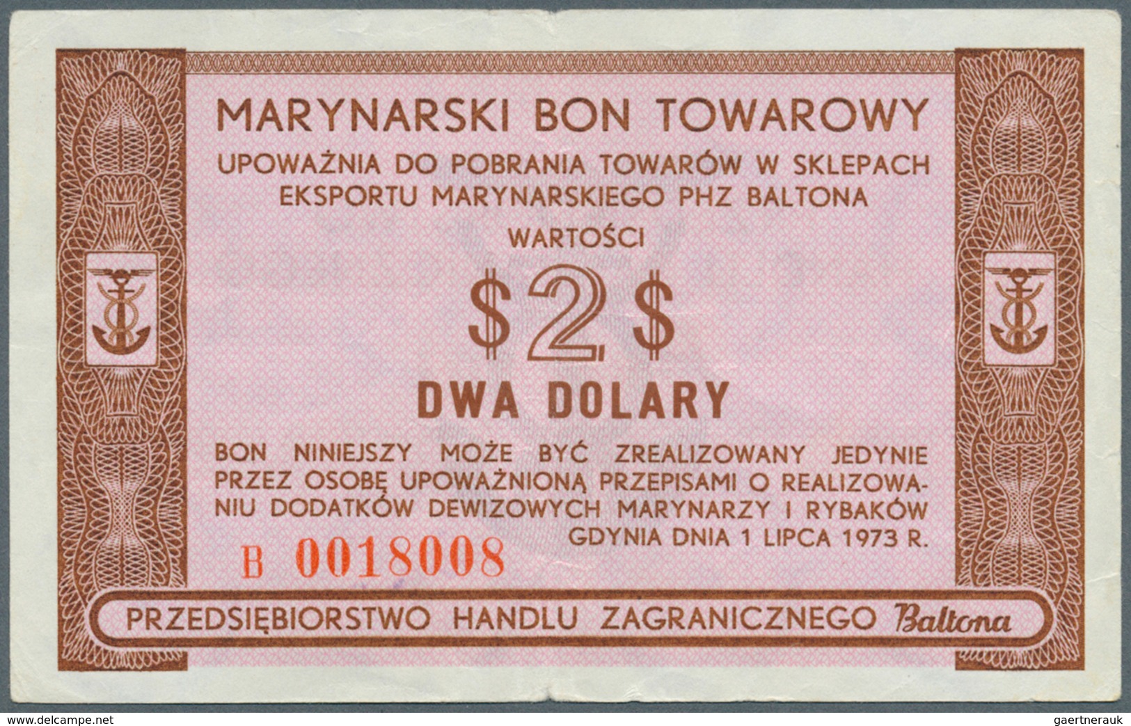 Poland / Polen: Marinarsky Bon Towarowy - Baltona, 2 Dolary 1973, P.FX54, Tiny Tears At Upper And Lo - Poland