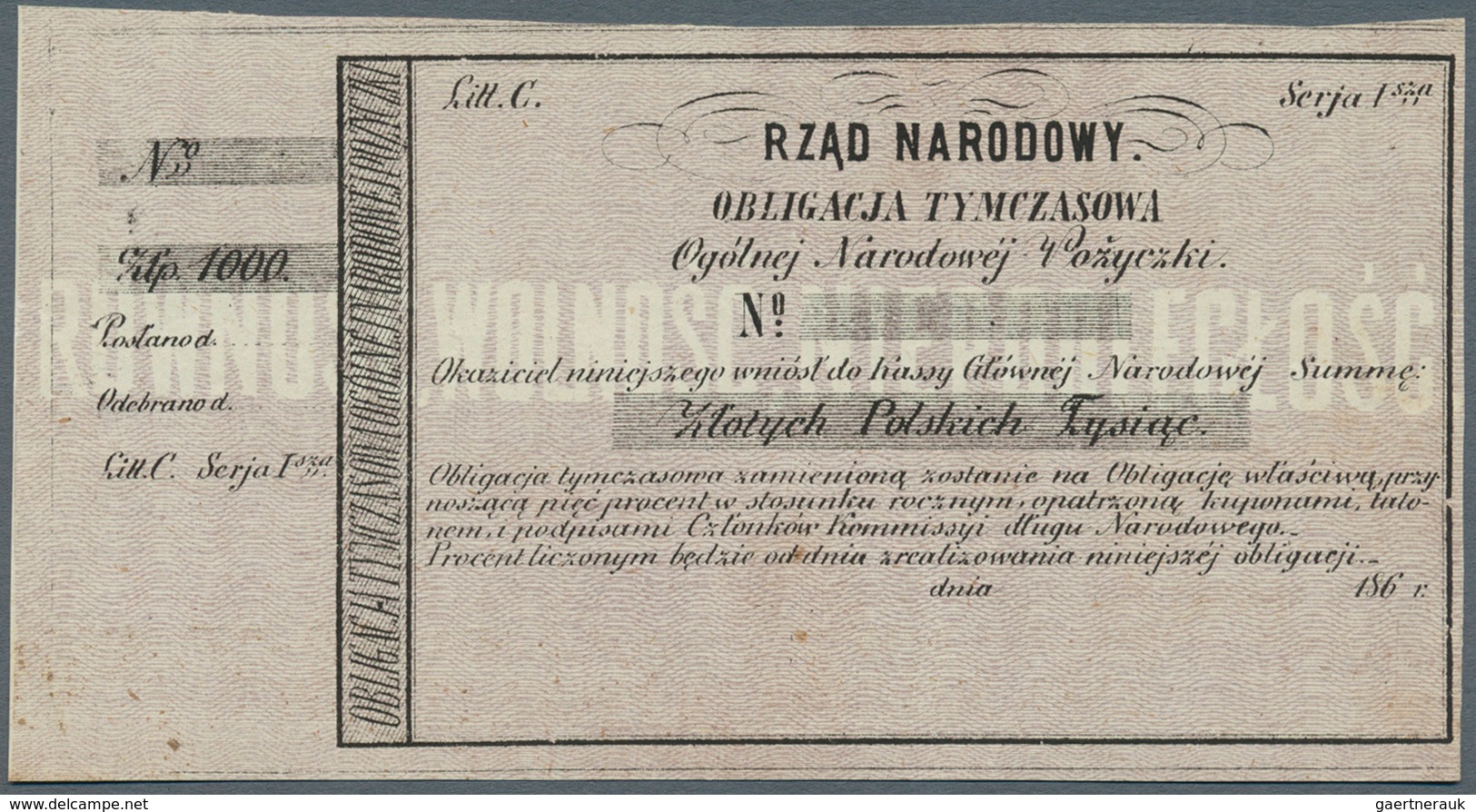 Poland / Polen: 1000 Zlotych ND(1863) Obligacja Tymczasowa In Excellent Condition With Tiny Pinholes - Polen