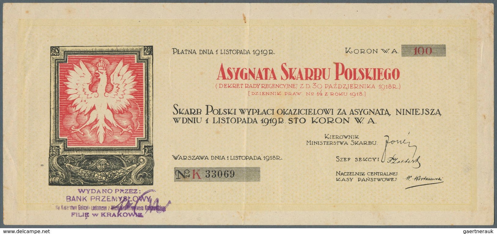 Poland / Polen: Asygnata Skarbu Polskiego 100 Koron 1918, P.NL In Excellent Condition With Just A Ve - Polen