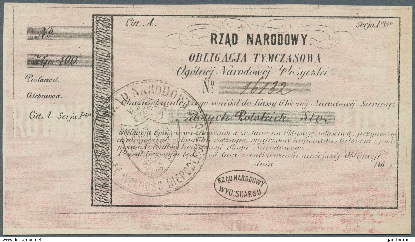 Poland / Polen: 100 Zlotych ND(1863) Obligacja Tymczasowa In Perfect UNC Condition - Polen