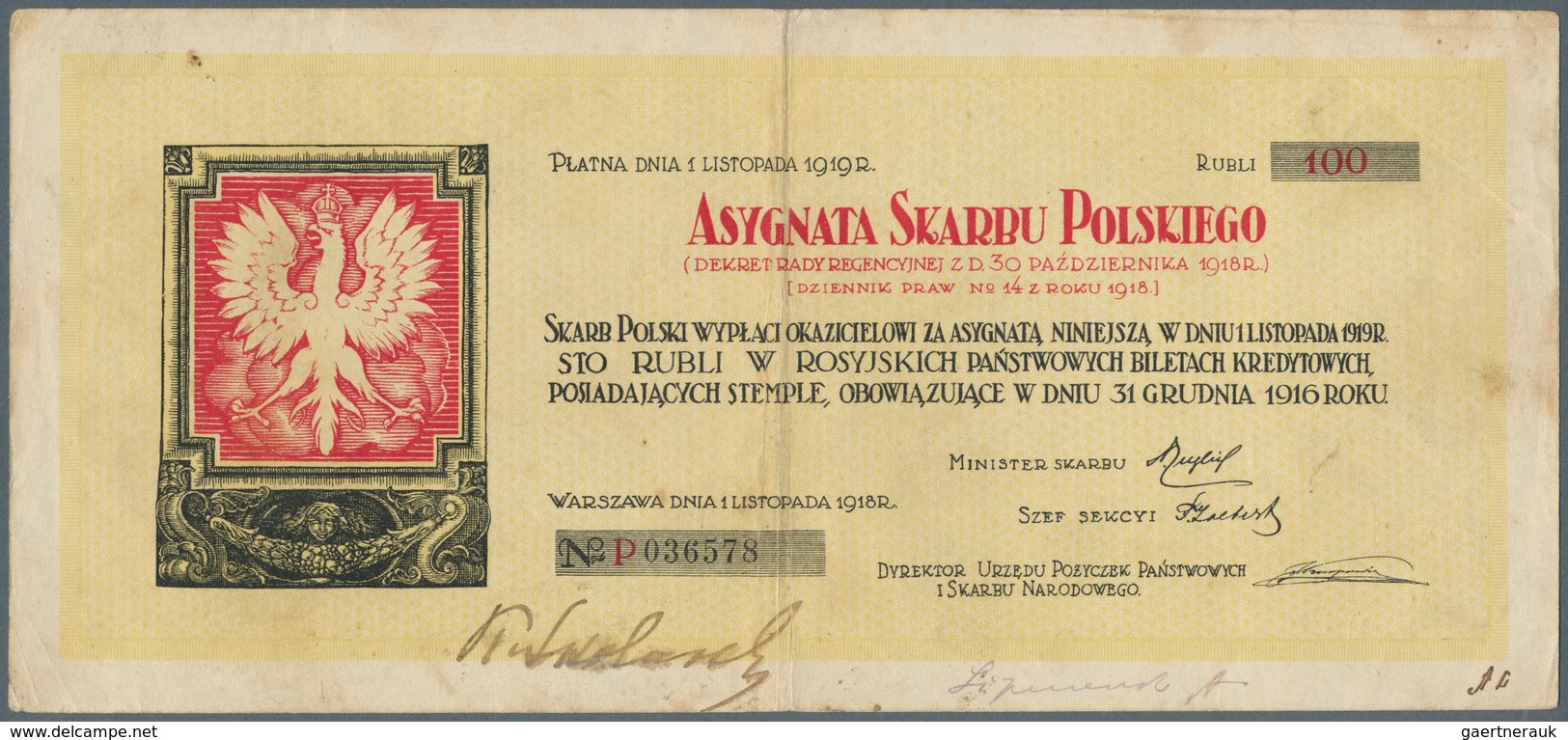 Poland / Polen: Asygnata Skarbu Polskiego 100 Rubli 1918, P.NL In Used Condition With Some Stains An - Polen
