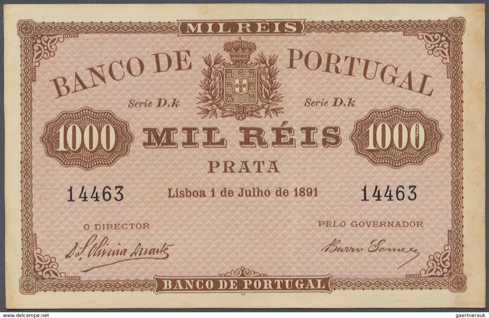 Portugal: 1000 Reis 1891 P. 66, One Vertical Fold, Slight Dints At Upper Right And Lower Left Corner - Portugal