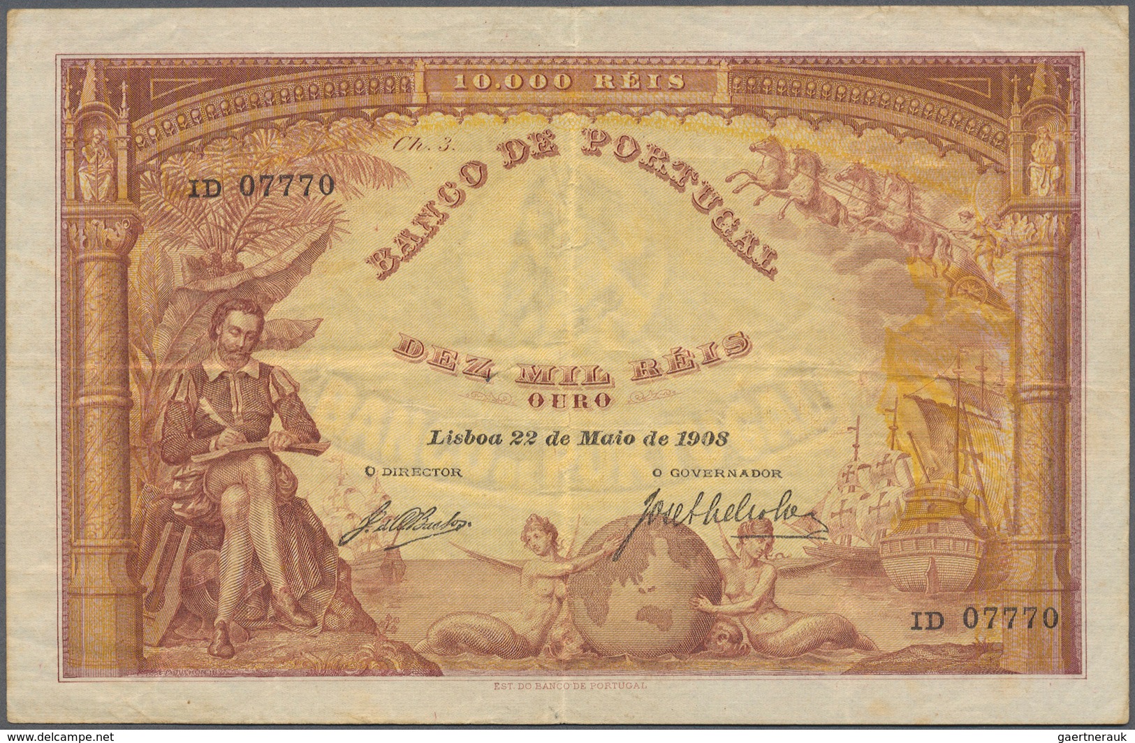 Portugal: 10.000 Reis 1908 P. 81, Beautiful Note, Vertical And Horizontal Fold, Handling In Paper, O - Portogallo