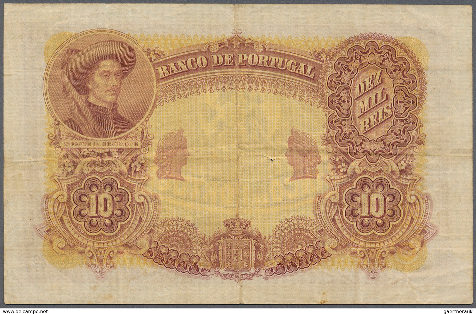 Portugal: 10.000 Reis 1908 P. 81, Beautiful Note, Vertical And Horizontal Fold, Handling In Paper, O - Portogallo