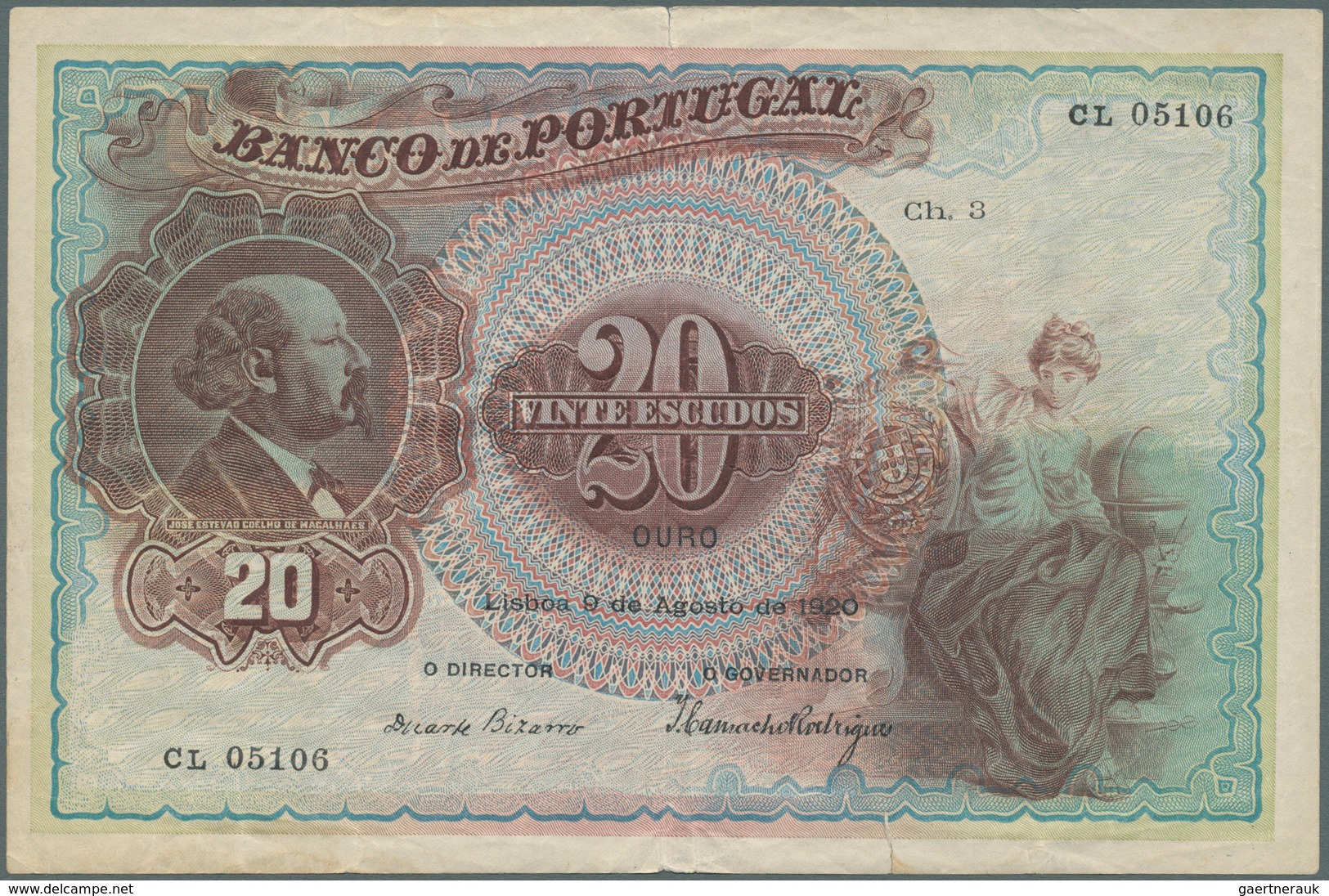 Portugal: 20 Escudos 1920 P. 122, Center Fold, 2 Small Border Tears (6mm At Upper And Lower Border) - Portugal