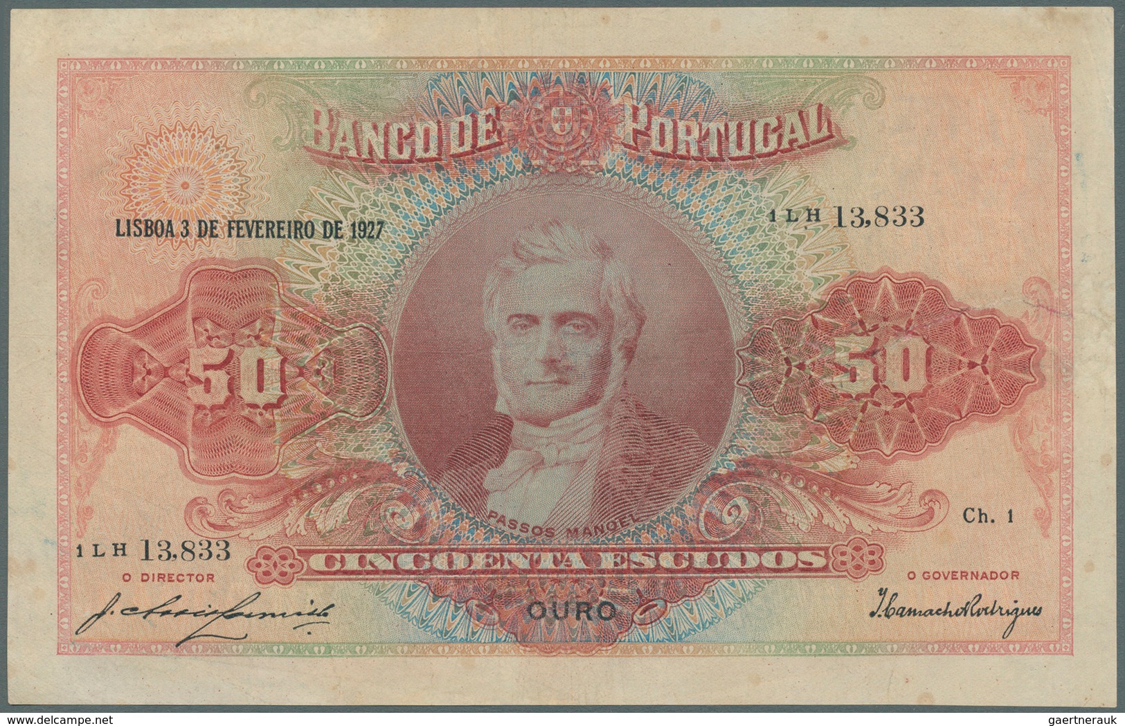 Portugal: 50 Escudos 1927 P. 123, Lightly Stained Paper, Only Light Folds, A Professionally Repaired - Portugal