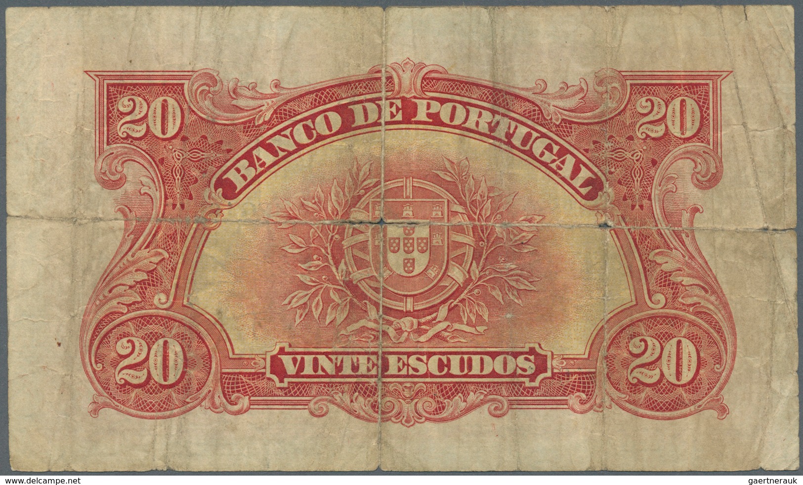 Portugal: 20 Escudos 1925 P. 135, Strong Horizontal Fold, Center Hole, Strong Vertical Fold, Not Rep - Portugal