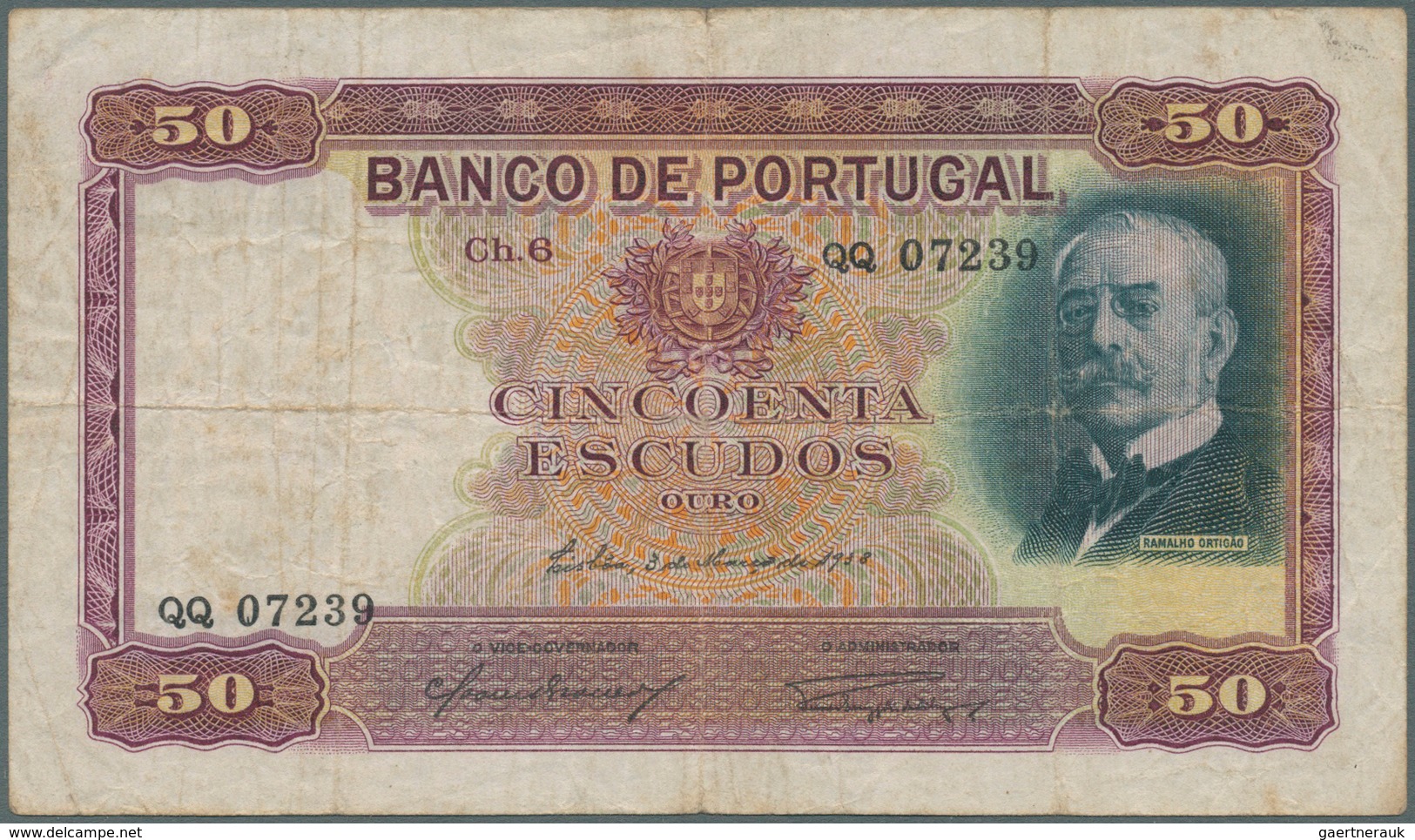 Portugal: 50 Escudos 1938 P. 149, Normal Traces Of Use, Stronger Center Fold, Light Staining In Pape - Portugal