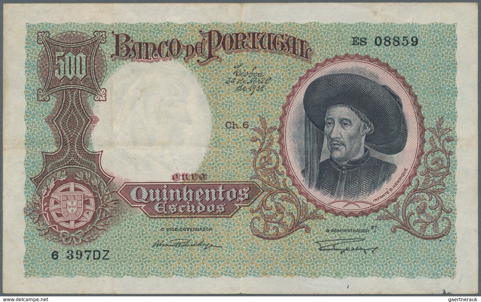 Portugal: 500 Escudos 1938 P. 151, Light Center And Horizontal Fold, Paper Thinning At Upper Right, - Portugal