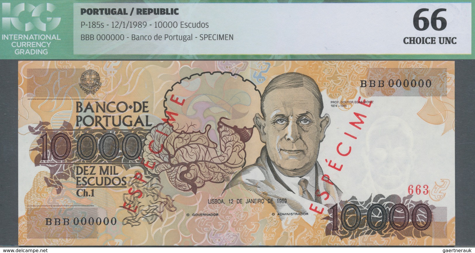 Portugal: 10.000 Escudos 1989 SPECIMEN, P.185s In UNC, ICG Graded 66 CHOICE UNC - Portugal