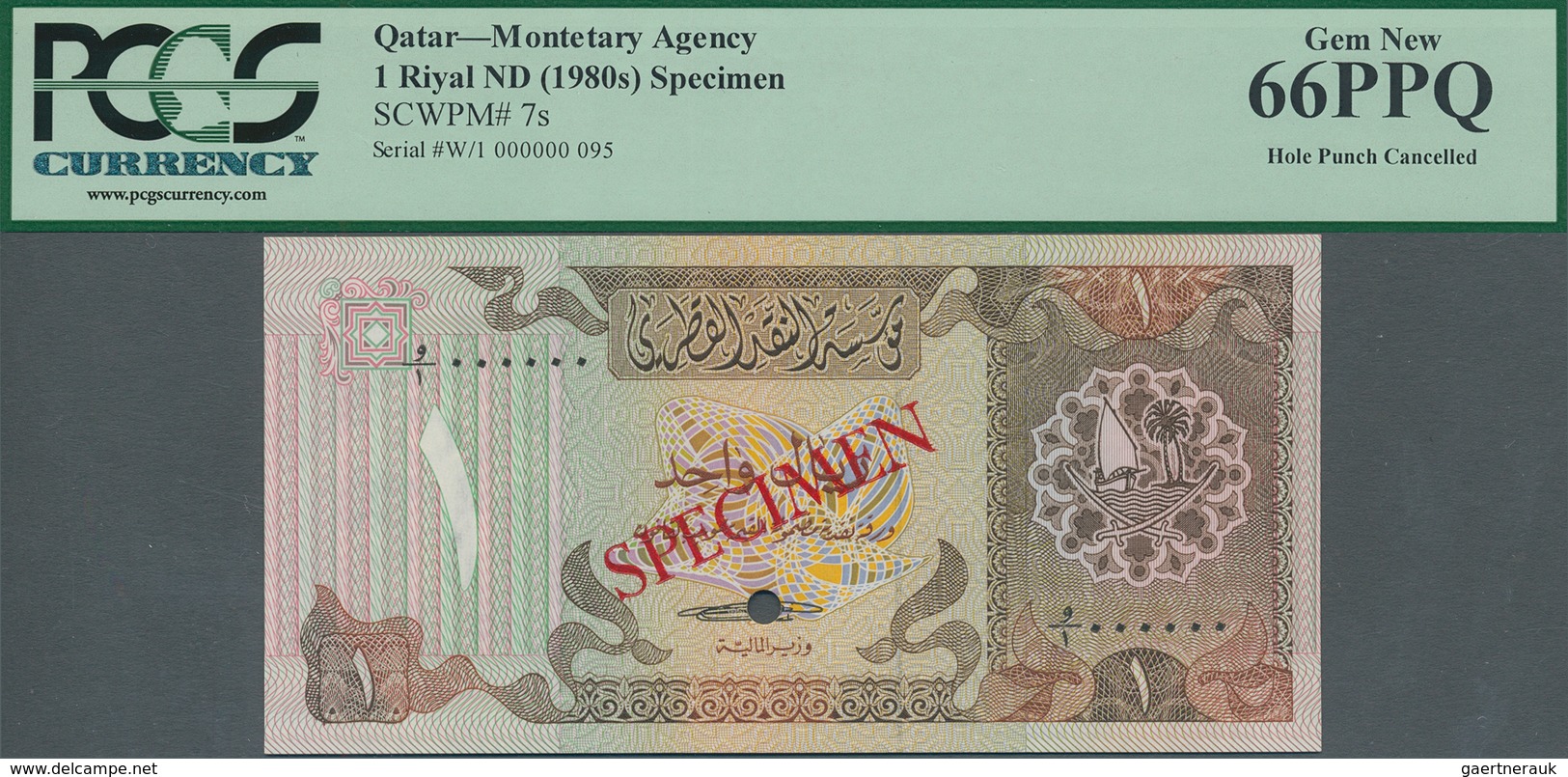 Qatar: Monetary Agency 1 Riyal ND(1980's) SPECIMEN, P.7s With Punch Hole Cancellation In Perfect UNC - Qatar