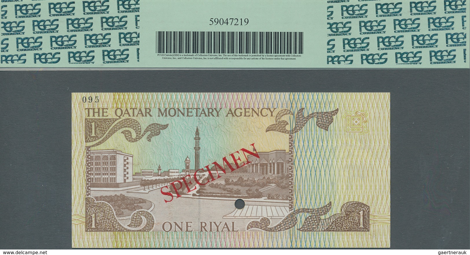Qatar: Monetary Agency 1 Riyal ND(1980's) SPECIMEN, P.7s With Punch Hole Cancellation In Perfect UNC - Qatar