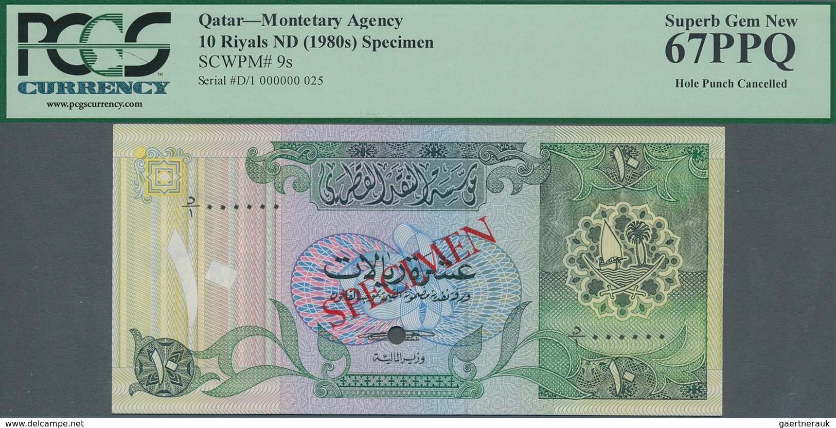 Qatar: Monetary Agency 10 Riyals ND(1980's) SPECIMEN, P.9s With Punch Hole Cancellation In Perfect U - Qatar